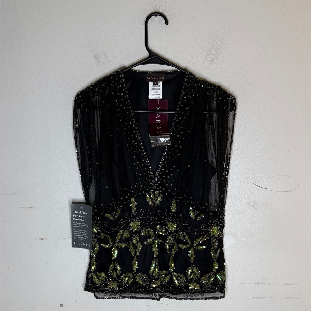 Marina Black Top with Green Beaded Embellishments Size Large NEW!